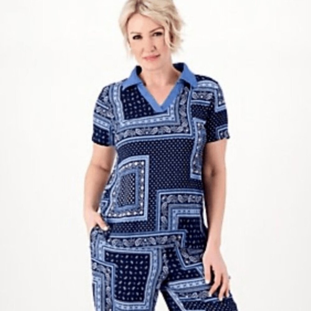 Cuddl Duds Crepe Preppy Collared Patchwork Knit Paradise Polo Top 3X